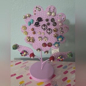 Colorful Earring Lot of 25 on Lilac Flower Metal Stand